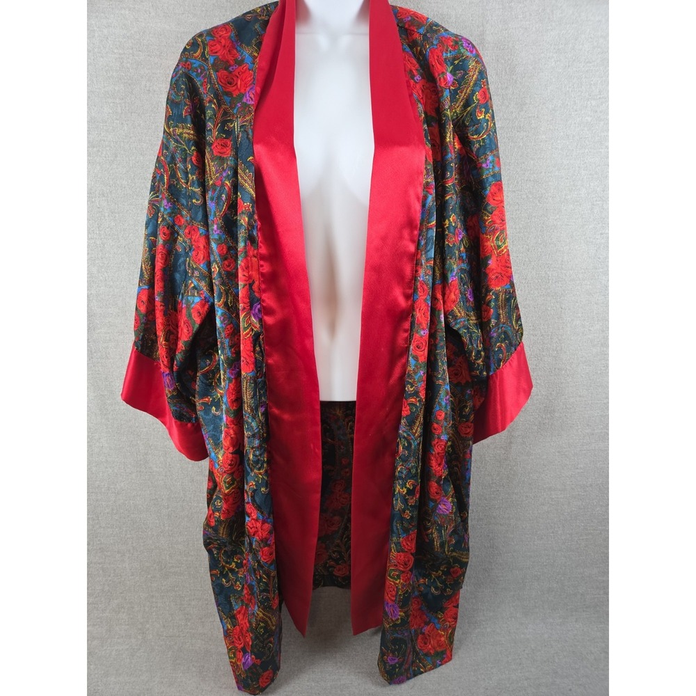 Victorias Secret Vintage Gold Label Open Robe Kimono Red Rose Floral Romantic